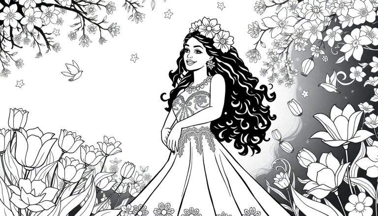 Uma mulher sorrindo em um jardim com flores e pássaros, um color panel para colorir.