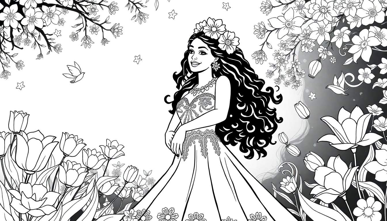 Uma mulher sorrindo em um jardim com flores e pássaros, um color panel para colorir.