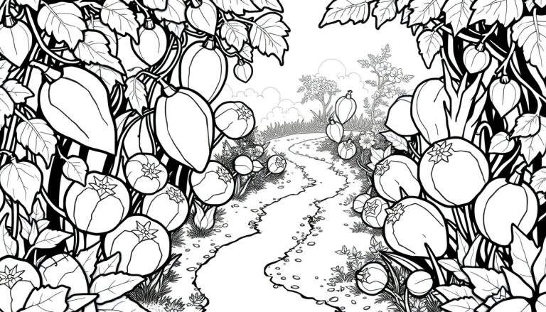 Ilustração em preto e branco de um jardim com videiras, plantas com frutos redondos, um caminho sinuoso, grama e uma árvore florida sob um céu nublado.