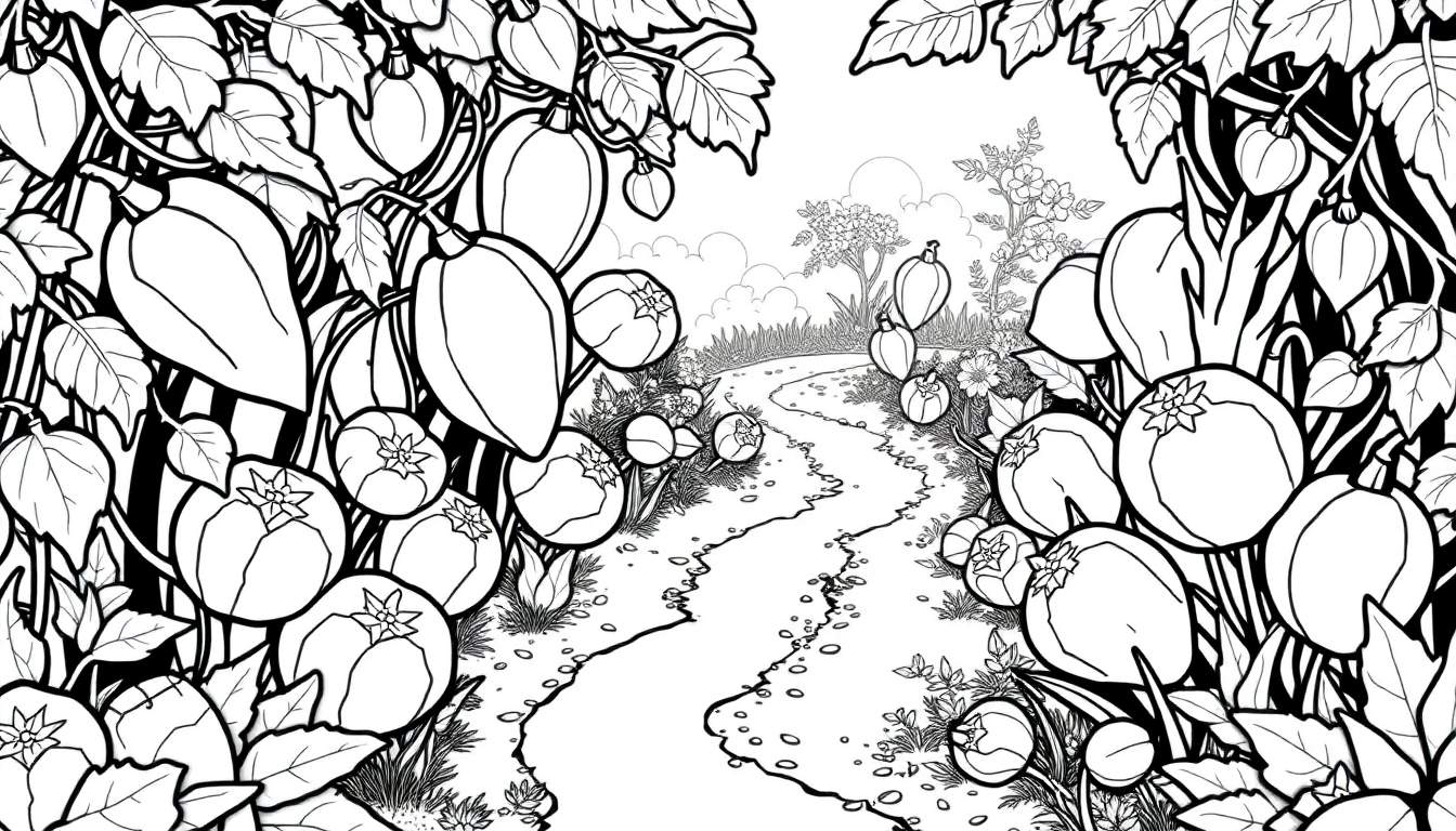 Ilustração em preto e branco de um jardim com videiras, plantas com frutos redondos, um caminho sinuoso, grama e uma árvore florida sob um céu nublado.