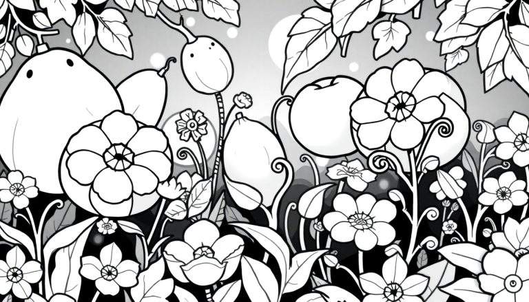 Desenho em preto e branco de flores e frutas detalhadas, como em um livro de colorir, com um fundo de céu cinzento.