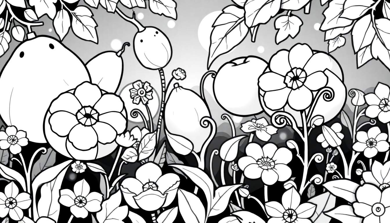 Desenho em preto e branco de flores e frutas detalhadas, como em um livro de colorir, com um fundo de céu cinzento.
