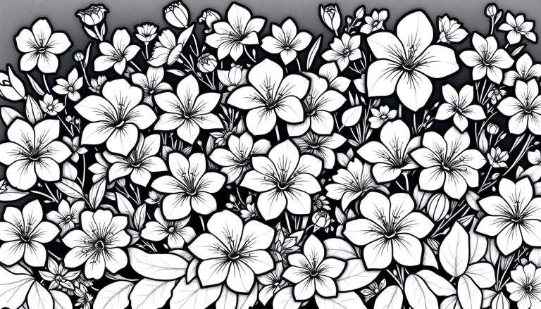 Um jardim em preto e branco com muitas flores e folhas detalhadas, como uma ilustração.
