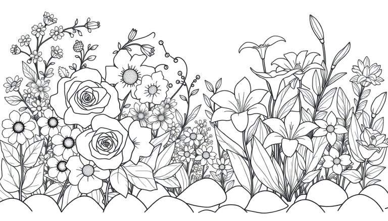 Desenho em preto e branco de um jardim florido com rosas, margaridas e lírios, pronto para ser colorido.
