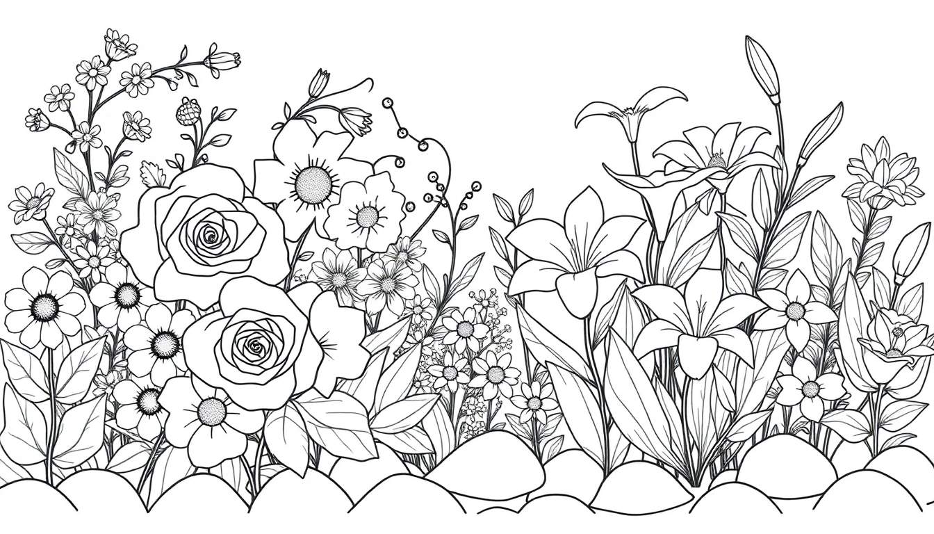 Desenho em preto e branco de um jardim florido com rosas, margaridas e lírios, pronto para ser colorido.