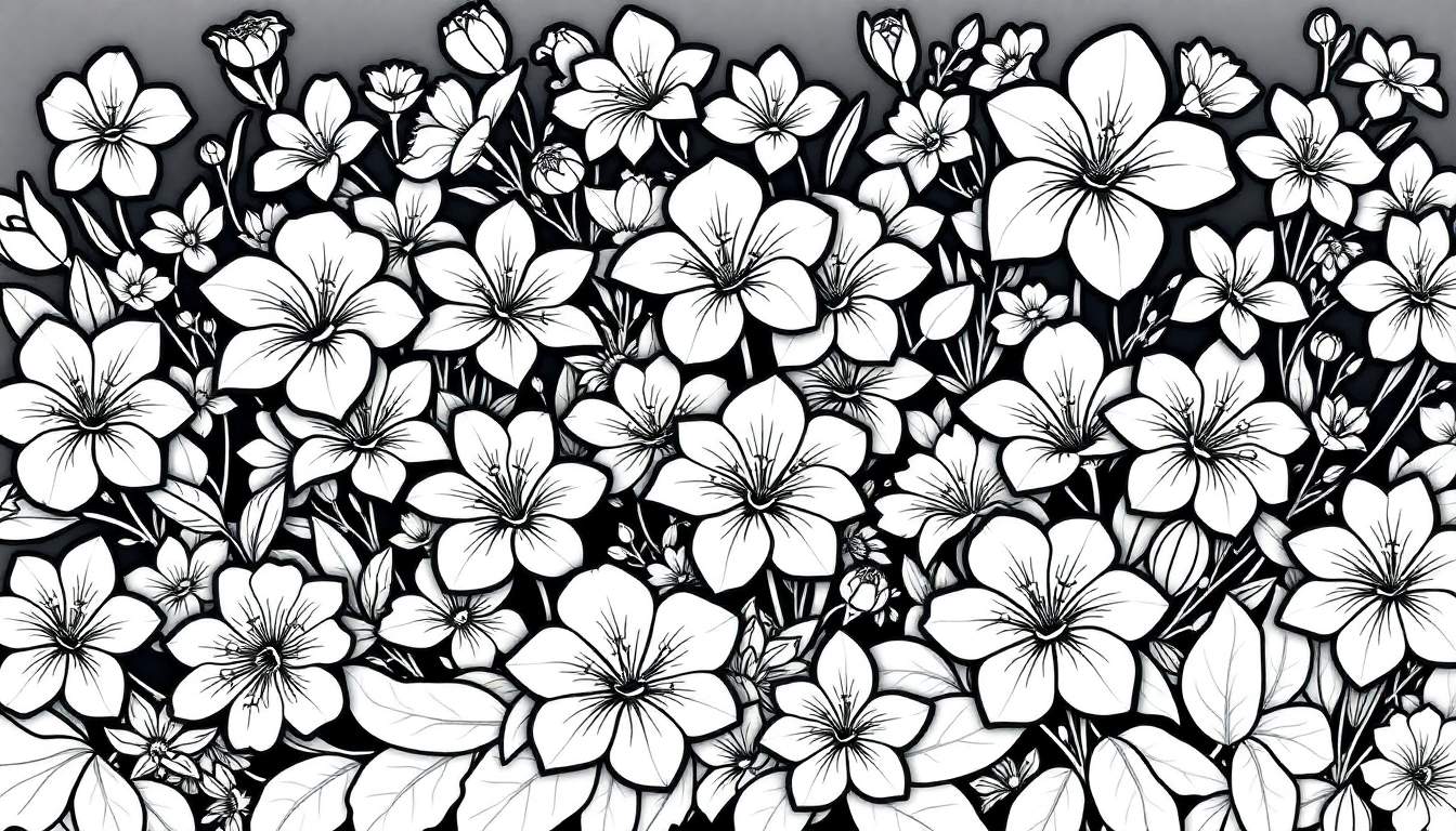 Um jardim em preto e branco com muitas flores e folhas detalhadas, como uma ilustração.