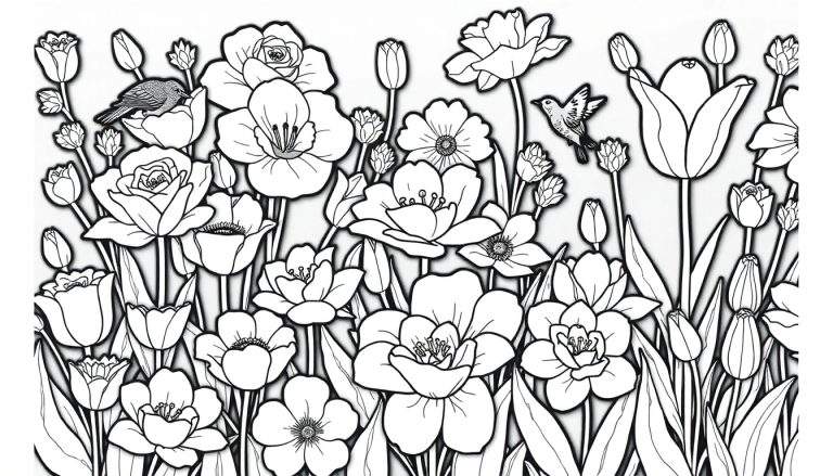 Um desenho em preto e branco de um jardim para colorir, com um color panel de flores e aves.