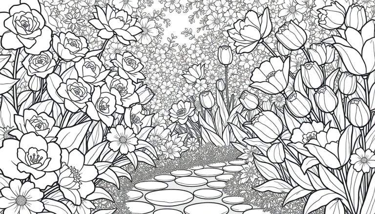 Um jardim desenhado como um livro de colorir, com rosas, tulipas e margaridas em volta de um caminho de pedras.