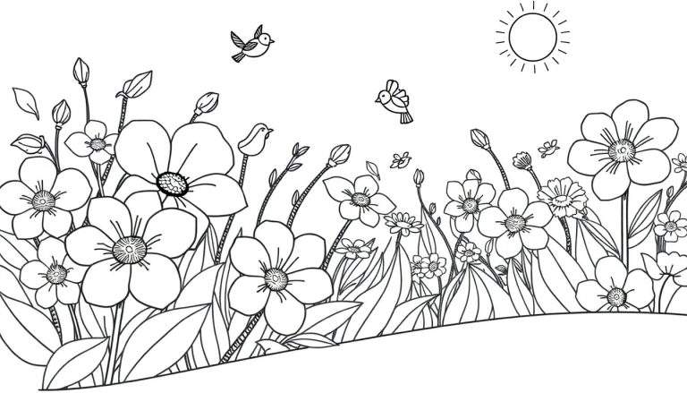 Campo de flores em preto e branco para colorir, com sol e pássaros no céu.