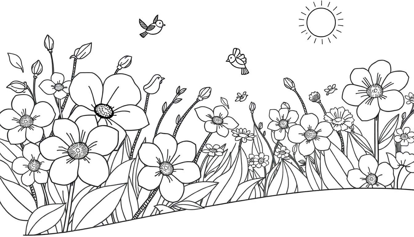 Campo de flores em preto e branco para colorir, com sol e pássaros no céu.