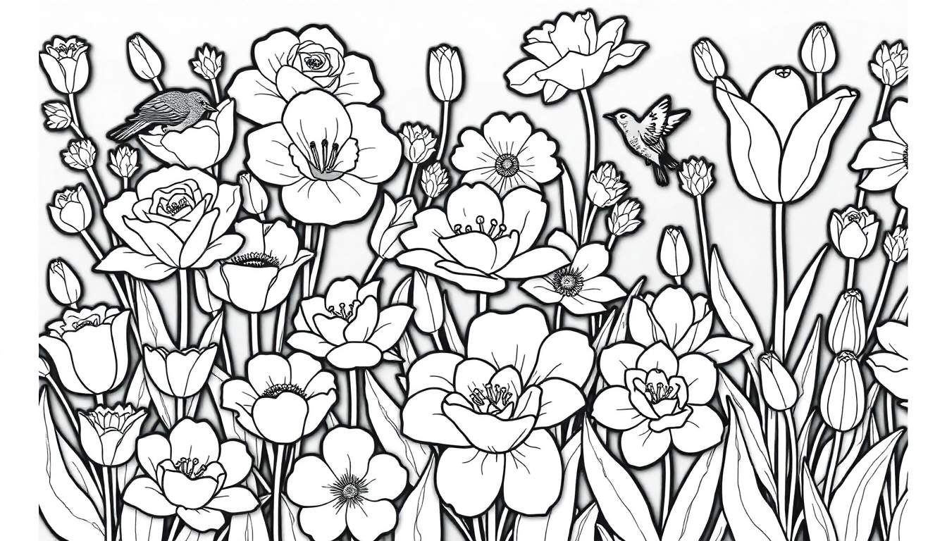 Um desenho em preto e branco de um jardim para colorir, com um color panel de flores e aves.