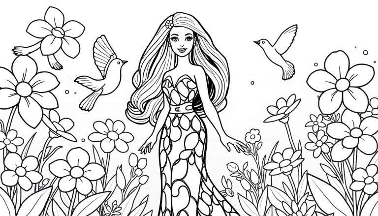 Mulher sorrindo em um jardim florido, para colorir. Um color panel com detalhes para colorir.