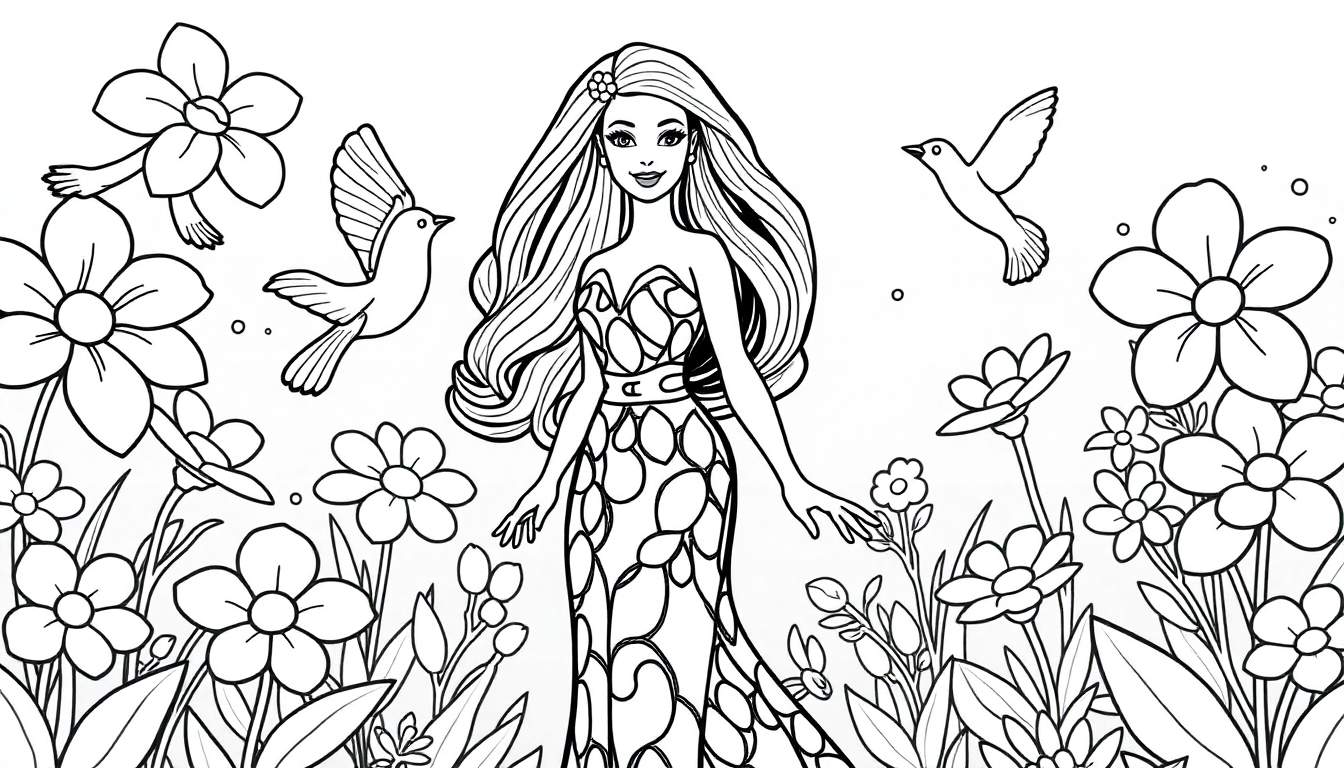 Mulher sorrindo em um jardim florido, para colorir. Um color panel com detalhes para colorir.
