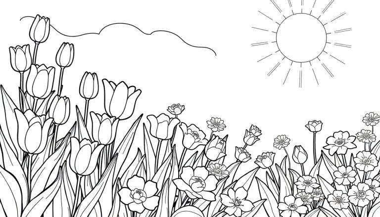 Página de colorir com um jardim florido na primavera, com borboletas voando e um sol sorridente.