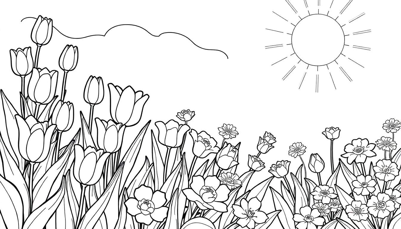 Página de colorir com um jardim florido na primavera, com borboletas voando e um sol sorridente.