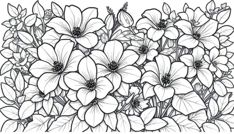 Desenho em preto e branco de um jardim com flores e folhas detalhadas, como um color panel.