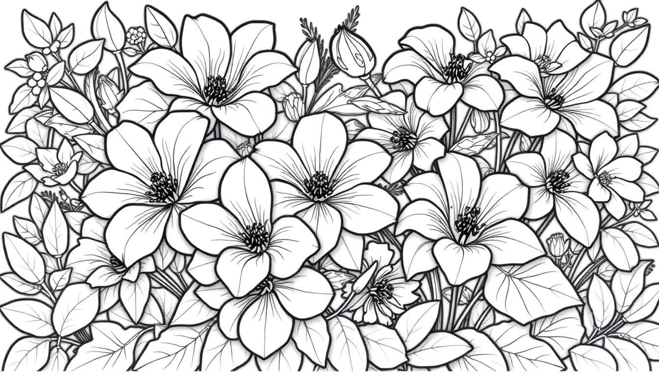 Desenho em preto e branco de um jardim com flores e folhas detalhadas, como um color panel.