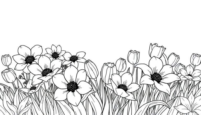 Um campo de flores em preto e branco, com margaridas, dálias e tulipas fechadas, cercadas por grama alta. O design é detalhado, com linhas finas e fundo branco. O color panel está pronto para ser preenchido.