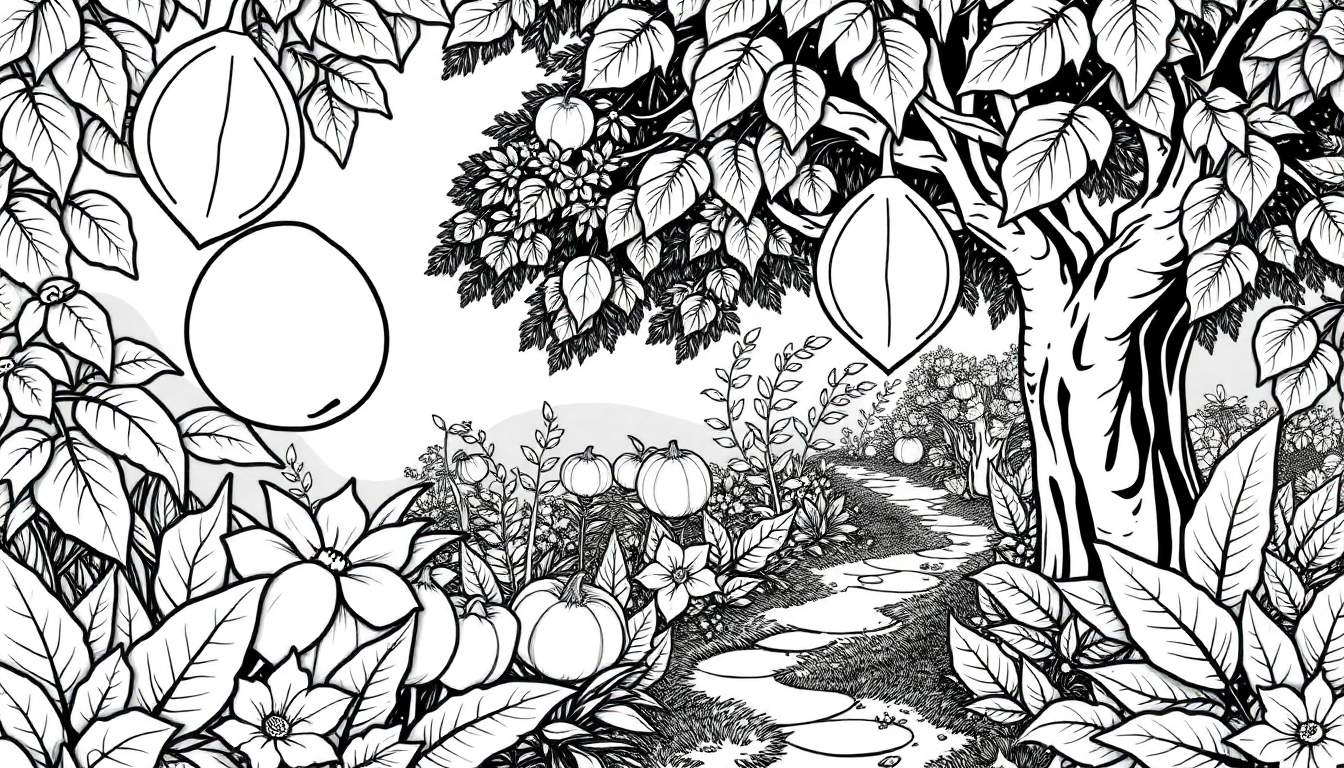 Ilustração a preto e branco de um jardim caprichoso com uma passarela de pedra e uma árvore imponente.
