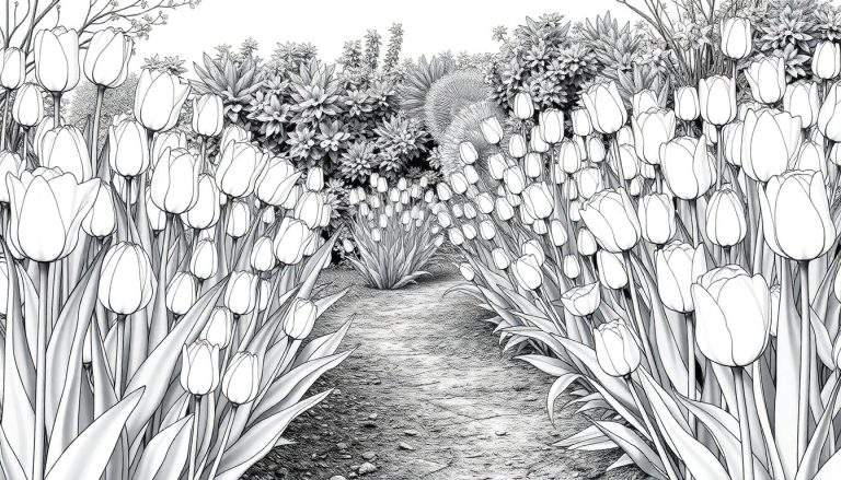 Desenho em preto e branco de um caminho em um jardim de tulipas floridas.