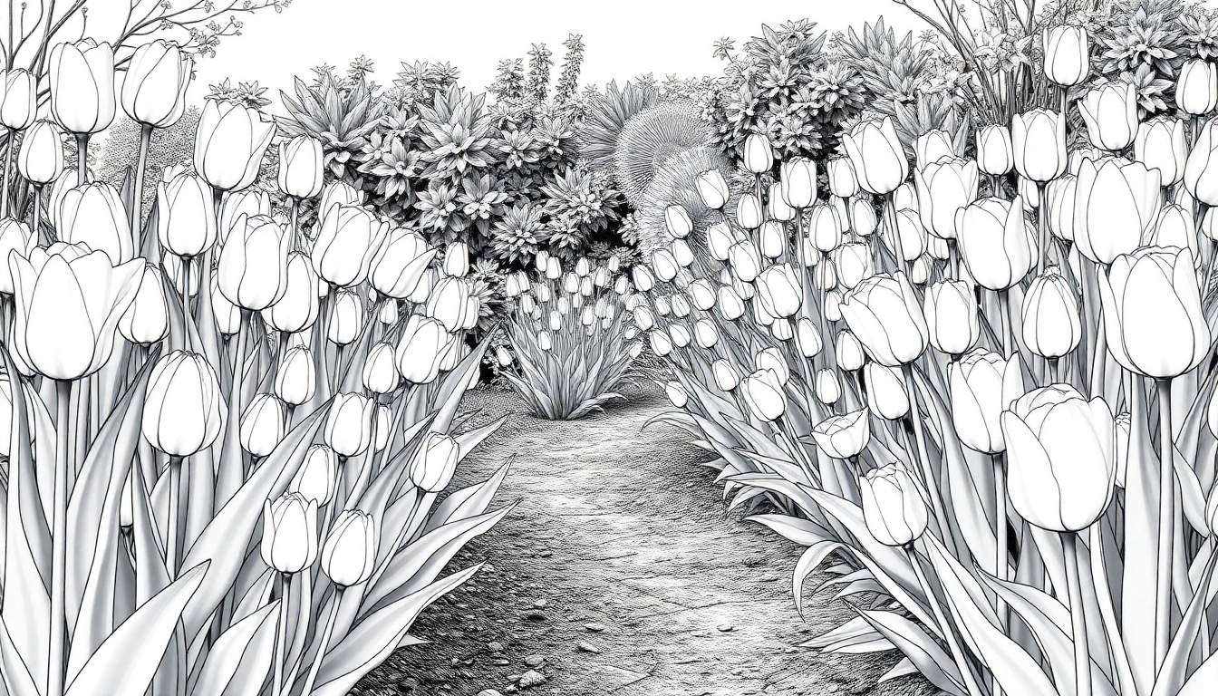 Desenho em preto e branco de um caminho em um jardim de tulipas floridas.