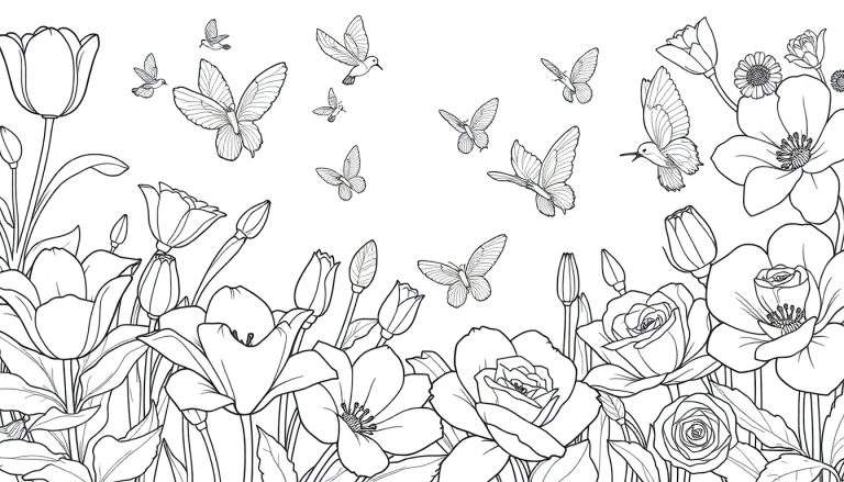 Ilustração linear de um jardim cheio de flores, borboletas e pássaros, com um color panel para colorir.