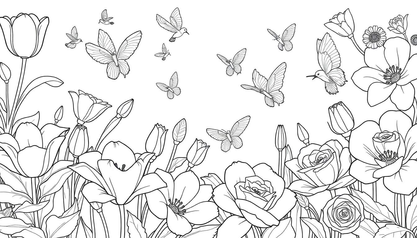 Ilustração linear de um jardim cheio de flores, borboletas e pássaros, com um color panel para colorir.