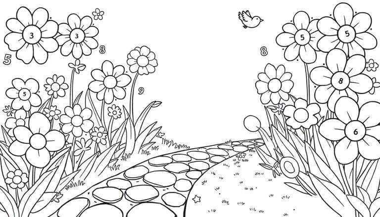 Desenho a preto e branco de um jardim com um caminho de pedras, flores numeradas e um pássaro.
