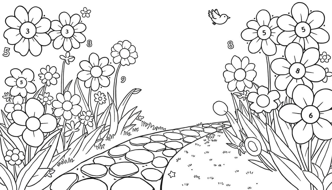 Desenho a preto e branco de um jardim com um caminho de pedras, flores numeradas e um pássaro.
