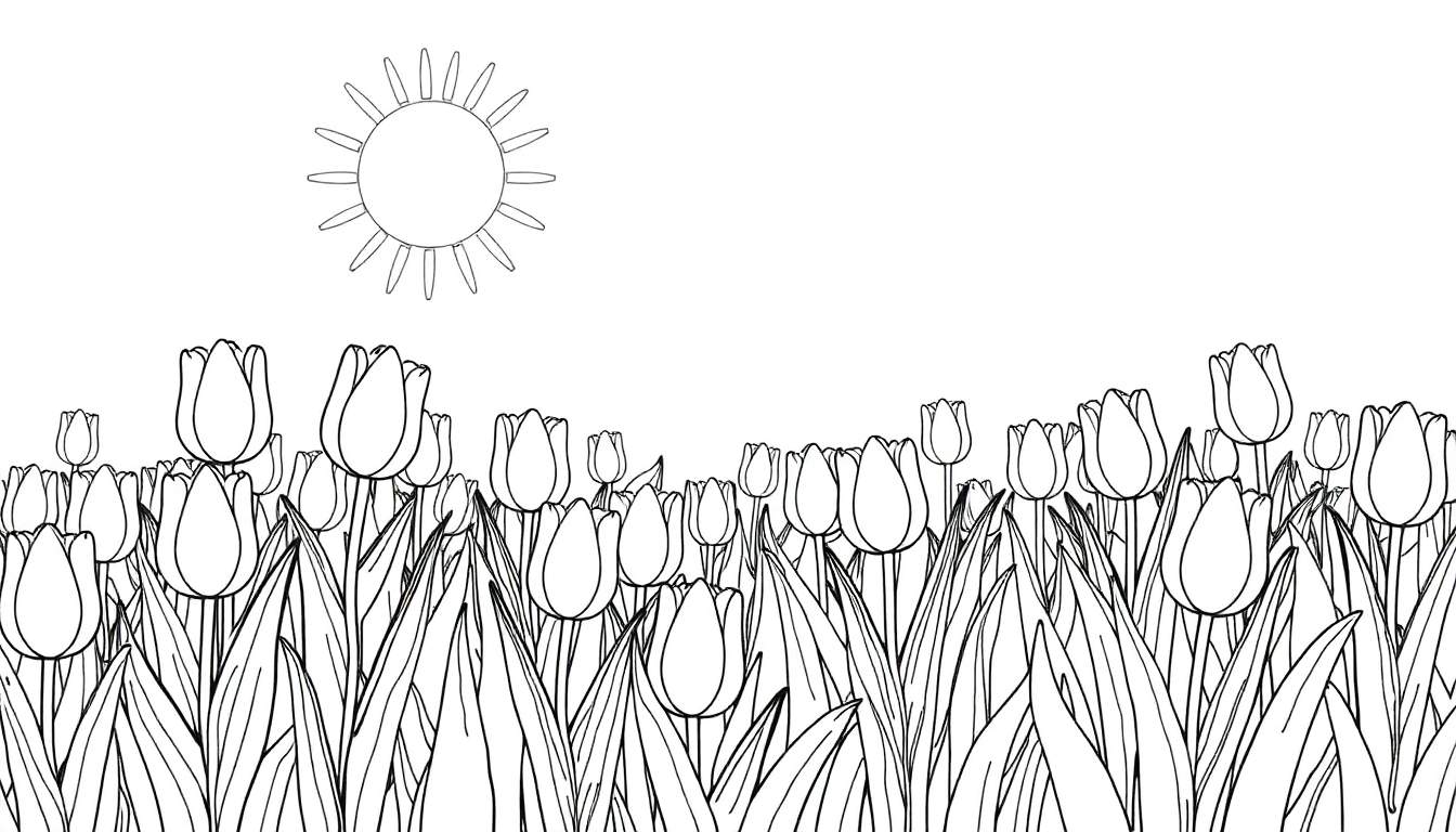 Desenho linear em preto e branco de um campo de tulipas sob um sol radiante, com color panel pronto para ser pintado.