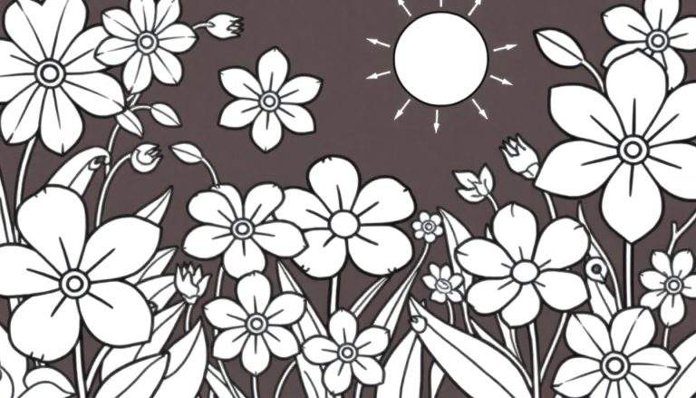 Um jardim de flores estilizado com um sol alegre no canto superior direito, um color panel de pétalas e folhas vibrantes.