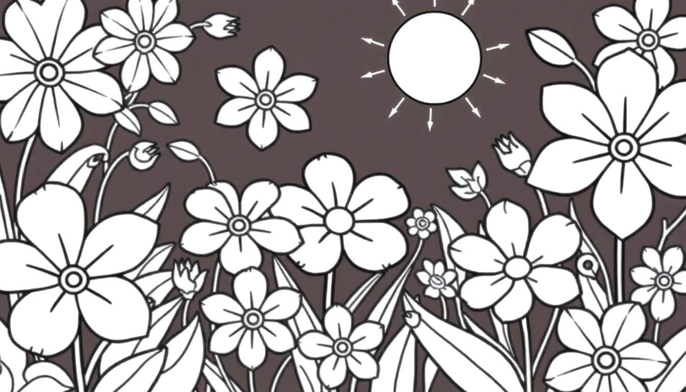 Um jardim de flores estilizado com um sol alegre no canto superior direito, um color panel de pétalas e folhas vibrantes.