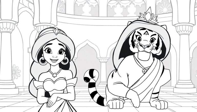 Desenho em preto e branco da Princesa Jasmine e seu tigre Rajah em um pátio de palácio, pronto para colorir.