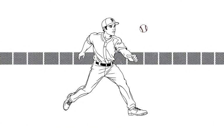 Um jogador de basebol em preto e branco, a lançar uma bola. O jogador está num color panel com um fundo branco e uma faixa de quadrados.