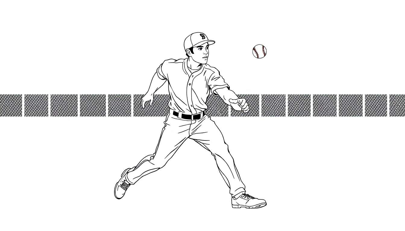 Um jogador de basebol em preto e branco, a lançar uma bola. O jogador está num color panel com um fundo branco e uma faixa de quadrados.