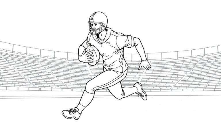 Desenho linear em preto e branco de um jogador de futebol americano correndo com a bola, vestindo capacete e uniforme, em um estádio com arquibancadas vazias. Ideal para um color panel.