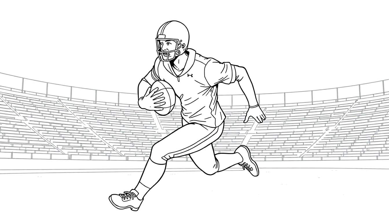 Desenho linear em preto e branco de um jogador de futebol americano correndo com a bola, vestindo capacete e uniforme, em um estádio com arquibancadas vazias. Ideal para um color panel.