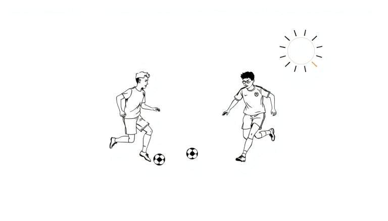 Dois rapazes a jogar futebol num color panel minimalista, um deles usa óculos.