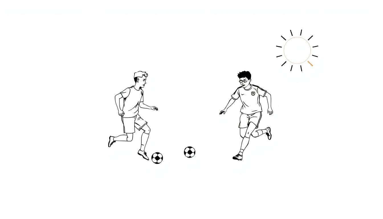 Dois rapazes a jogar futebol num color panel minimalista, um deles usa óculos.