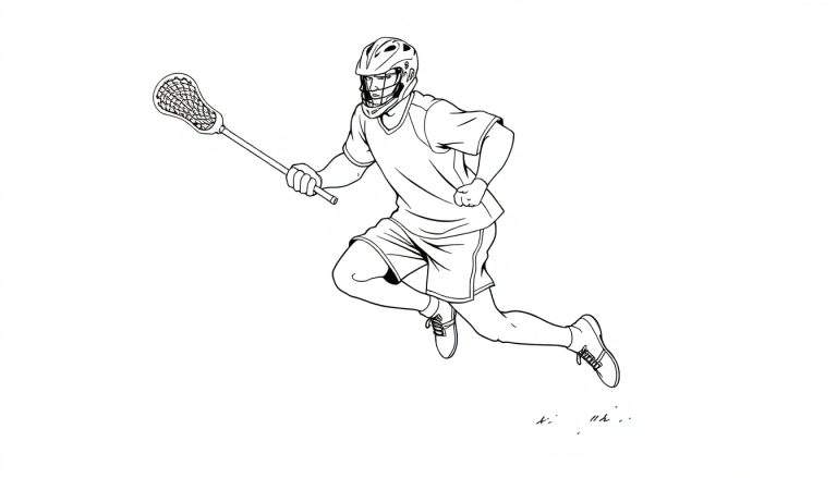 Ilustração em preto e branco de um jogador de lacrosse correndo, segurando um bastão, com o joelho dobrado. color panel.
