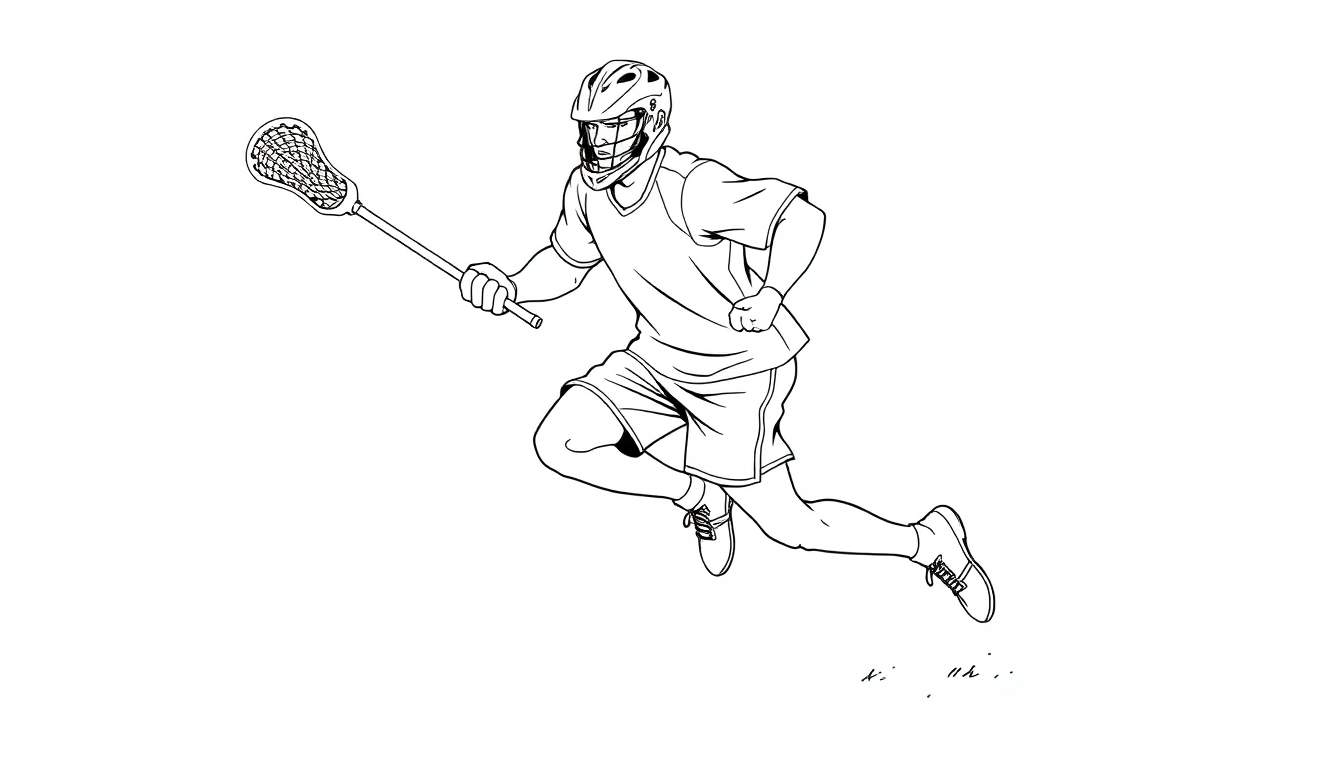 Ilustração em preto e branco de um jogador de lacrosse correndo, segurando um bastão, com o joelho dobrado. color panel.