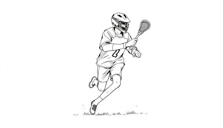 Um jogador de lacrosse número 2 em movimento, segurando um stick, em um desenho em preto e branco.
