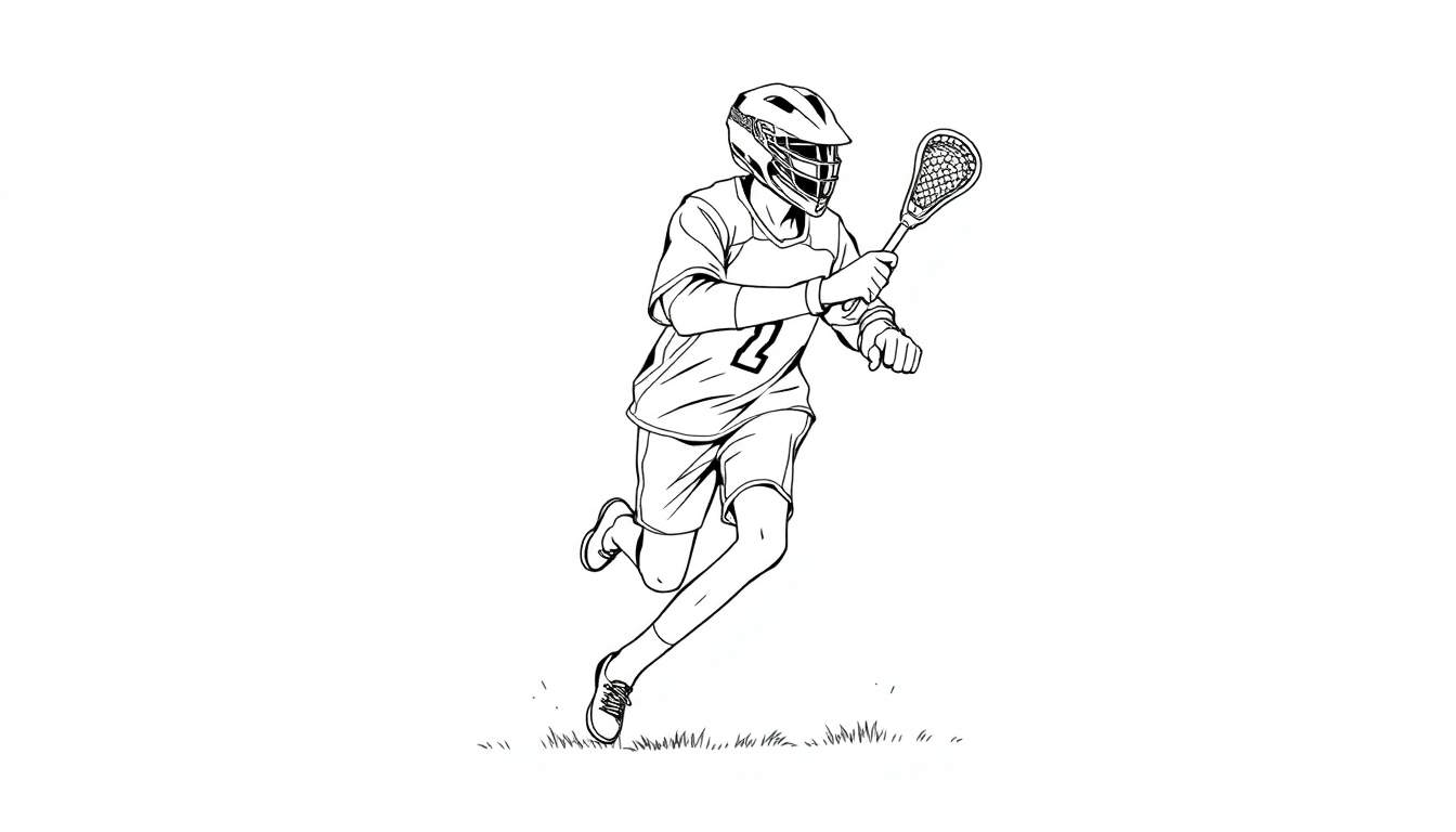 Um jogador de lacrosse número 2 em movimento, segurando um stick, em um desenho em preto e branco.