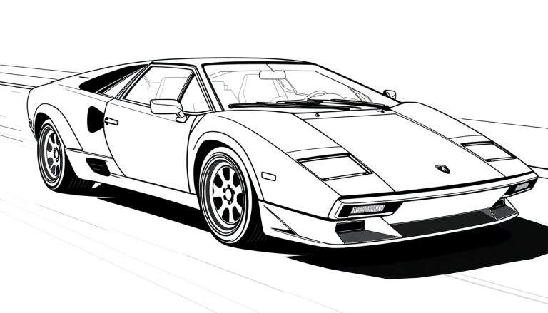 Desenho de linha de uma Lamborghini Countach em perspectiva, com a frente virada para a direita. Inclui um color panel.
