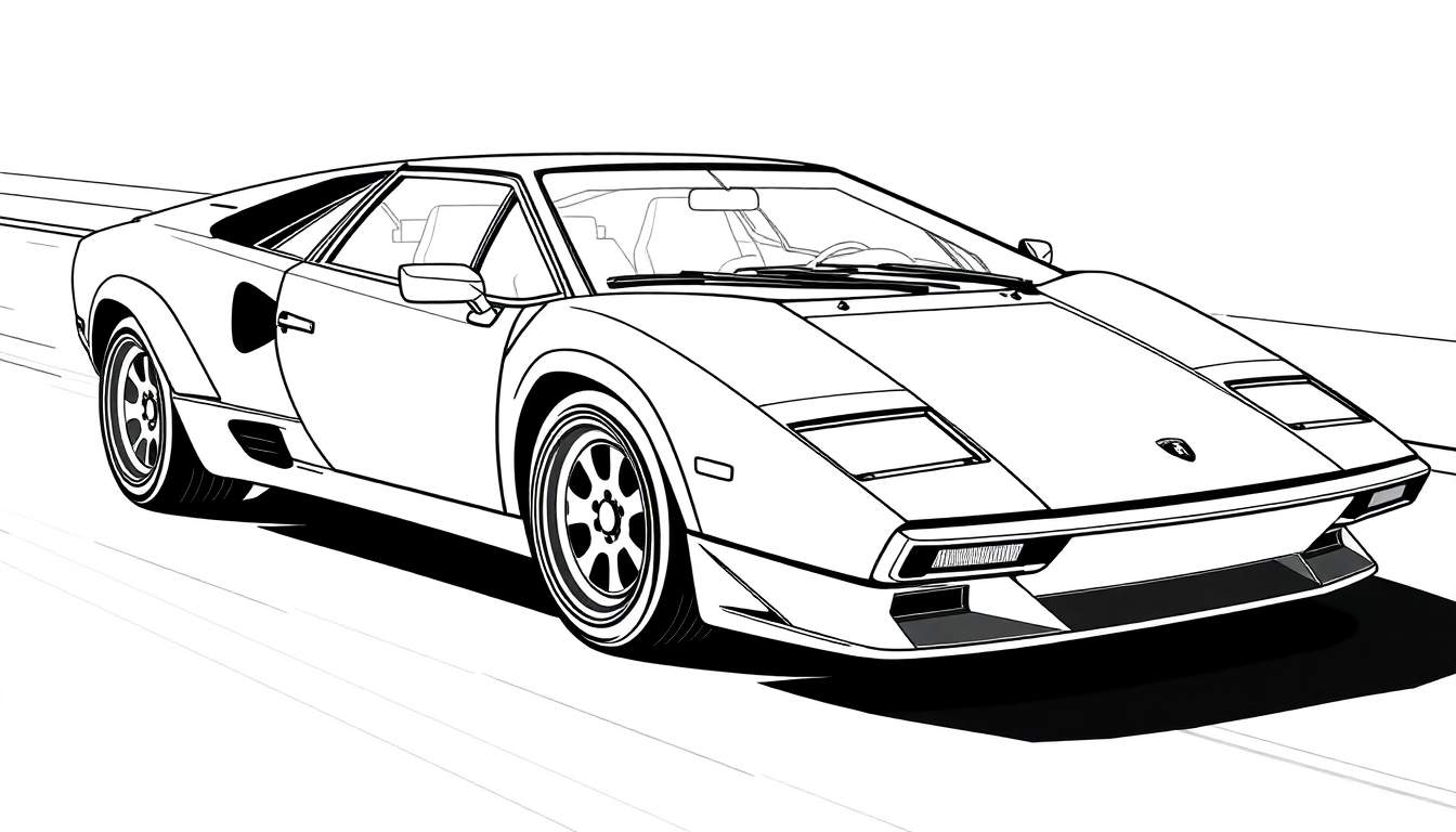 Desenho de linha de uma Lamborghini Countach em perspectiva, com a frente virada para a direita. Inclui um color panel.