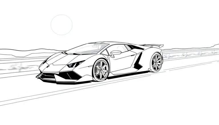 Desenho a preto e branco de um Lamborghini Huracán a acelerar numa estrada com montanhas ao fundo.