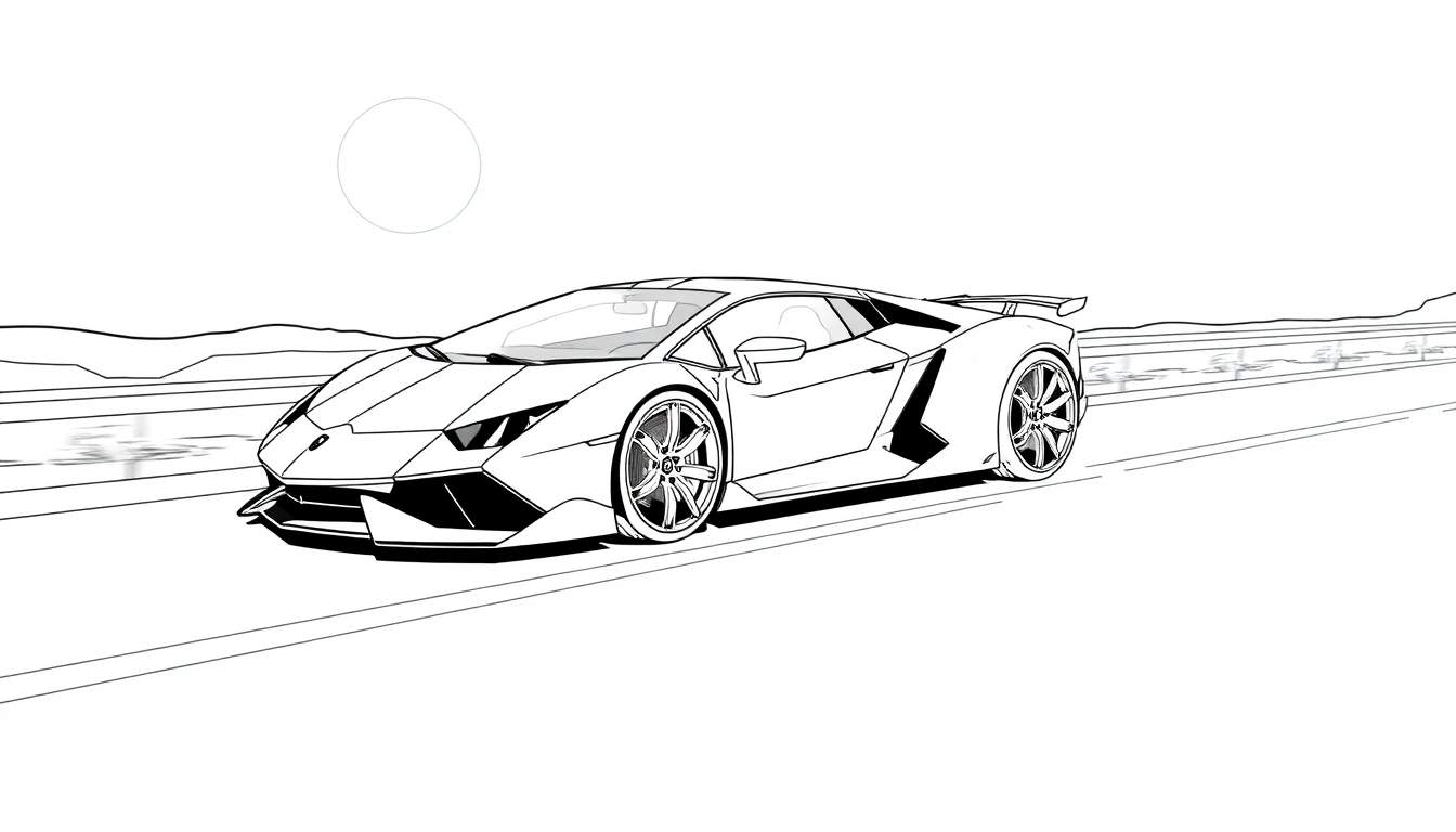 Desenho a preto e branco de um Lamborghini Huracán a acelerar numa estrada com montanhas ao fundo.