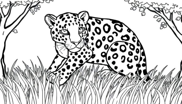 Desenho de um leopardo em estilo de livro de colorir pronto para ser pintado, em uma savana com grama alta e árvores.