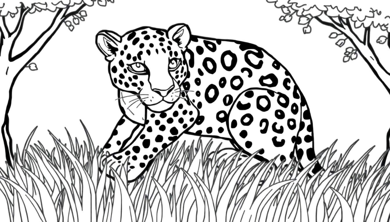 Desenho de um leopardo em estilo de livro de colorir pronto para ser pintado, em uma savana com grama alta e árvores.