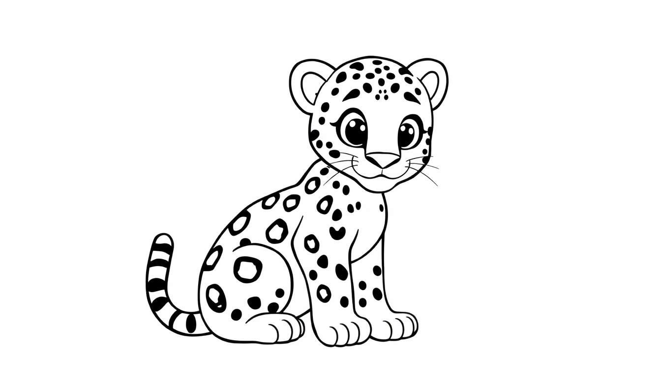 Um adorável leopardo infantil com manchas em preto e branco, pronto para ser colorido. O design é simples e convidativo, ideal para um color panel.